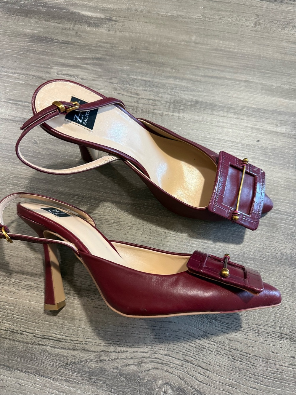 Zac Posen Burgundy Leather Slingback Pumps Decorative Buckle Gold Hardware